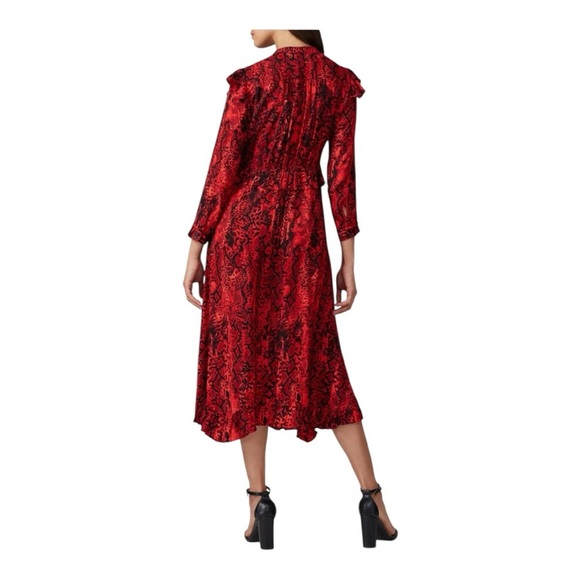 Ba&sh Sahara Midi Dress 3/4 Sleeves Ruffled in Red Black Snake Print Size Large - Picture 3 of 10